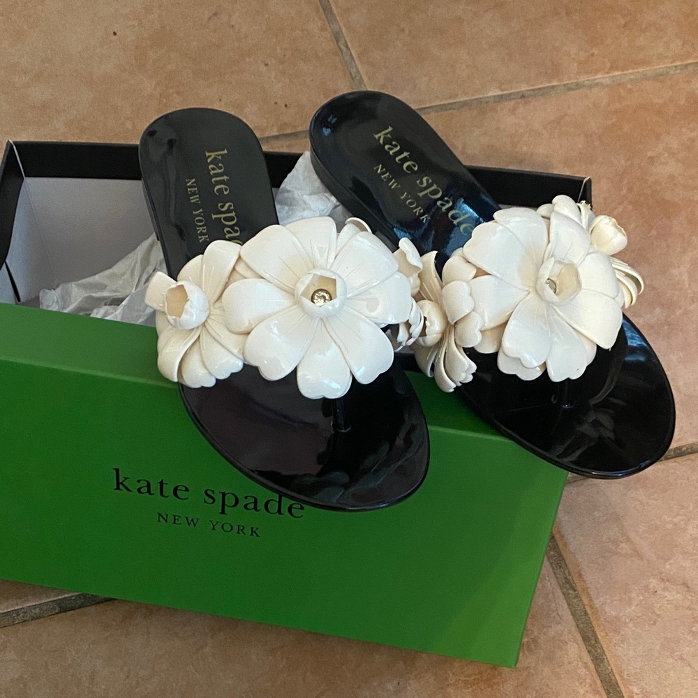 kate spade Black Jelly Thong Sandals with White Floral Appliqués